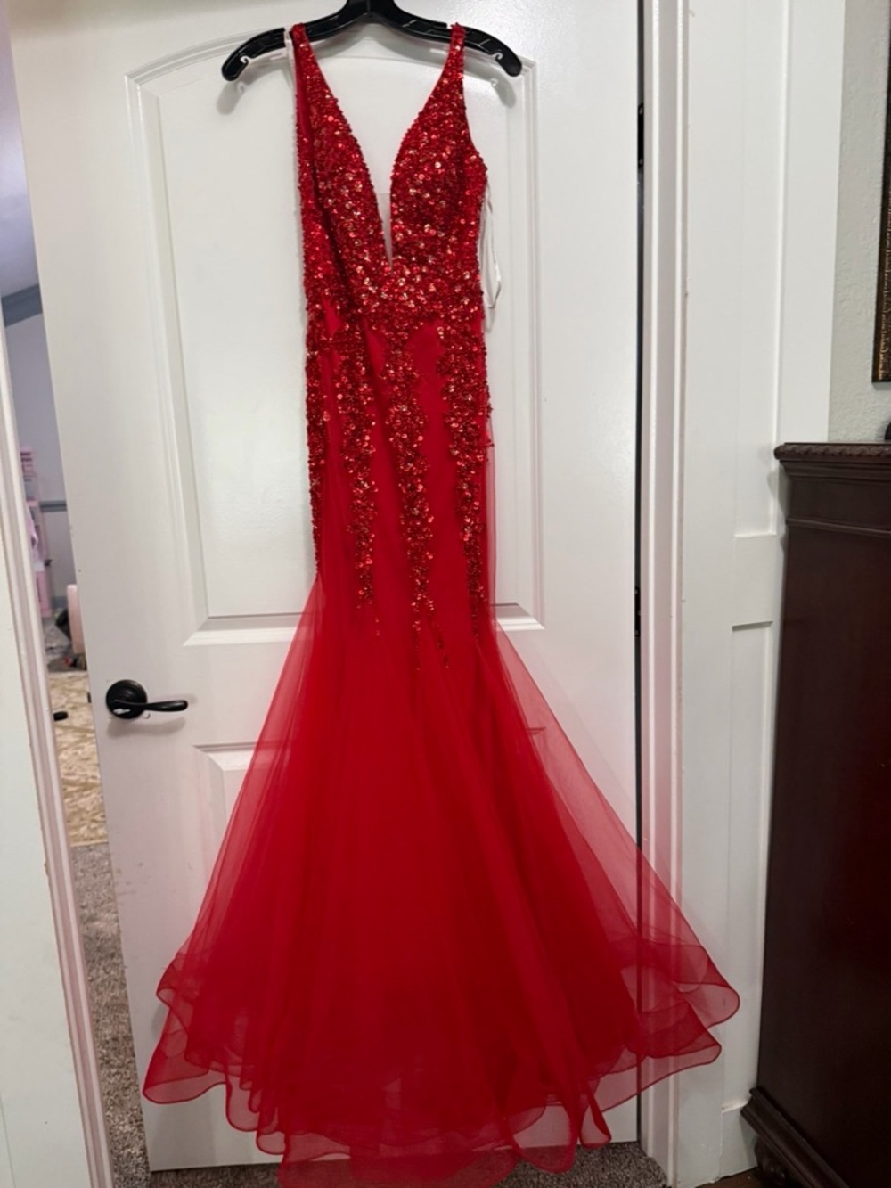 Novara Red Sequin Embellished Evening Gown
